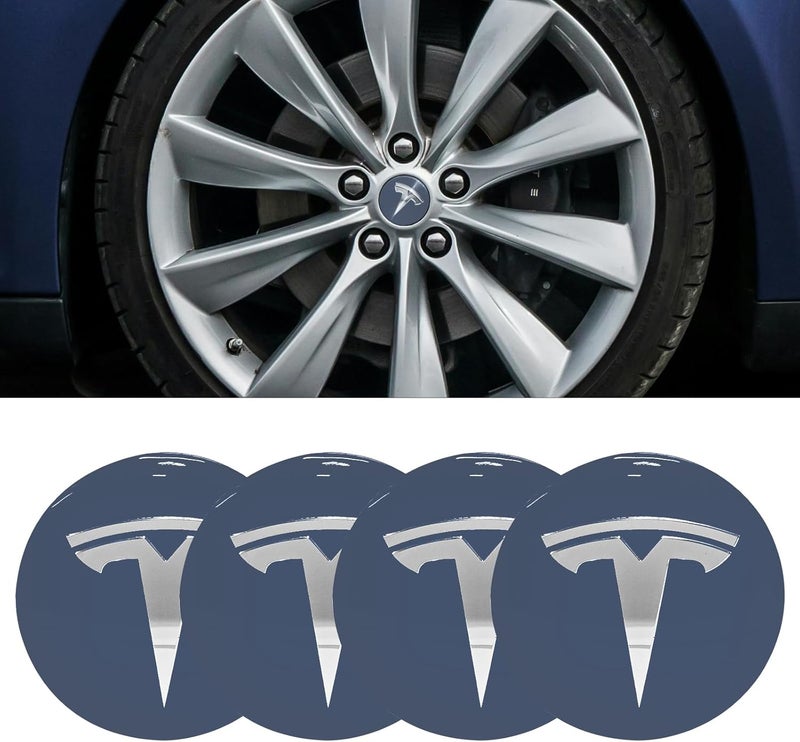 Knomix 4 Pack Aluminum Waterproof Wheel Cover Center Emblem Sticker for Tesla Model 3 Model Y 56mm Hubcaps Wheel Rim Cover (Dusty Blue Background+Silver) - Image 3